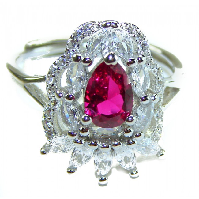 Real Beauty Natural 10.9 carat Ruby .925 Sterling Silver handmade Statement Ring size 7 - Close-up of a ruby and diamond cluster ring in sterling silver.