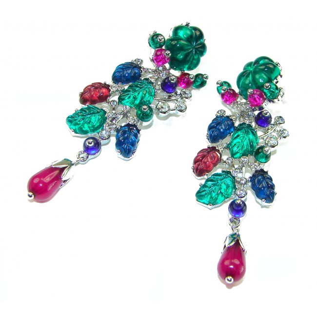 Esmeralda - Very Unique 60.5 carat Emerald Ruby Sapphire .925 Sterling Silver handcrafted earrings