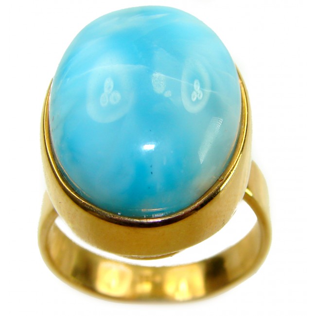 Blue Perfection AAAA QUALITY Blue Larimar 18K Gold over .925 Sterling Silver handmade Large ring size 8 adjustable - Close-up of Blue Larimar stone in 18K gold ring setting.
