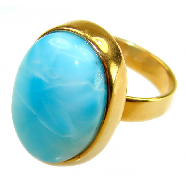 Blue Perfection AAAA QUALITY Blue Larimar 18K Gold over .925 Sterling Silver handmade Large ring size 8 adjustable - Blue Larimar ring with gold band, close-up of stone and setting.