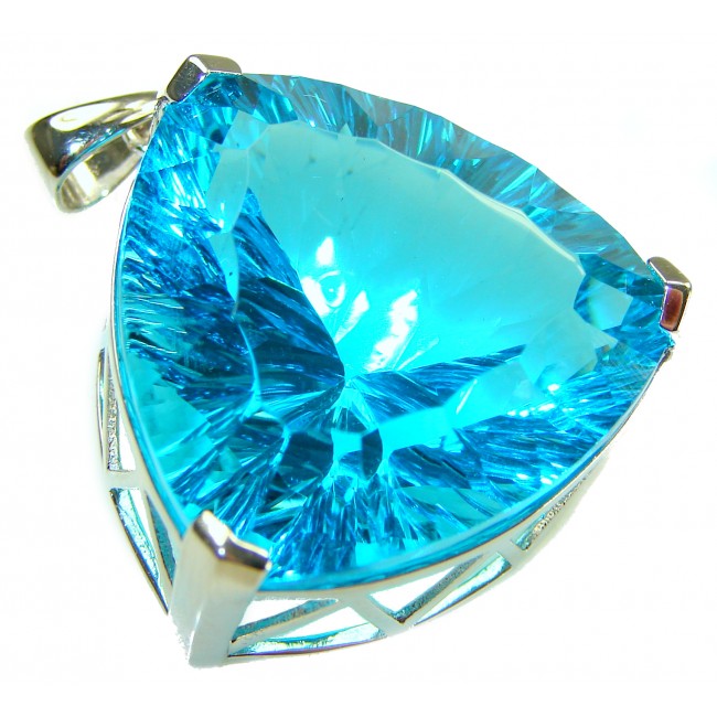 Trillion Cut Perfect 38.5 carat Blue Volcanic Helenite .925 Sterling Silver handcrafted Pendant