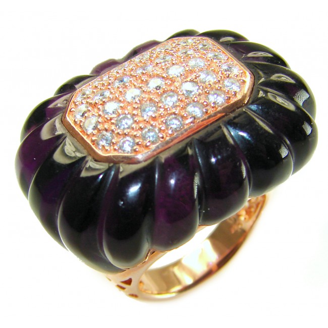 Extravaganza Huge 28.5 carat carved Amethyst .925 Sterling Silver dipped in 22K Gold handcrafted STATEMENT ring; s. 7 1/4