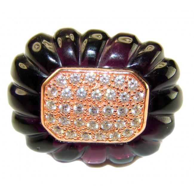 Extravaganza Huge 28.5 carat carved Amethyst .925 Sterling Silver dipped in 22K Gold handcrafted STATEMENT ring; s. 7 1/4