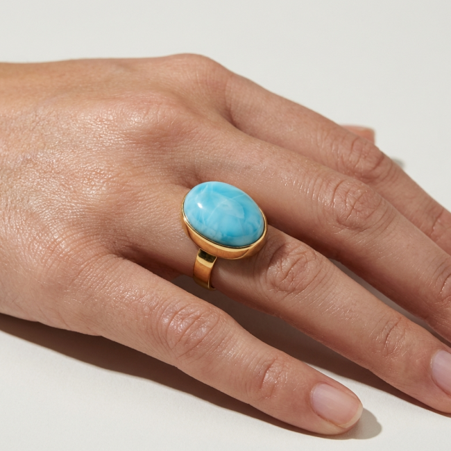 Blue Perfection AAAA QUALITY Blue Larimar 18K Gold over .925 Sterling Silver handmade Large ring size 8 adjustable - Blue Larimar ring in 18K gold worn on hand, top view.