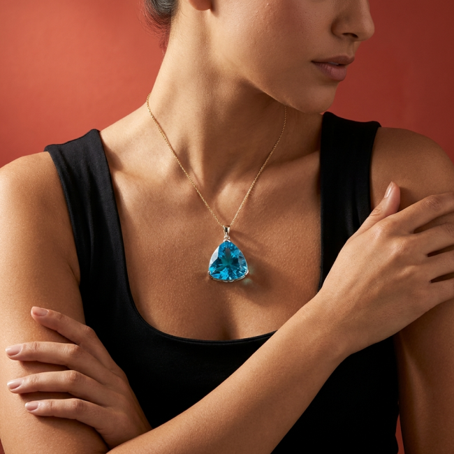 Trillion Cut Perfect 38.5 carat Blue Volcanic Helenite .925 Sterling Silver handcrafted Pendant