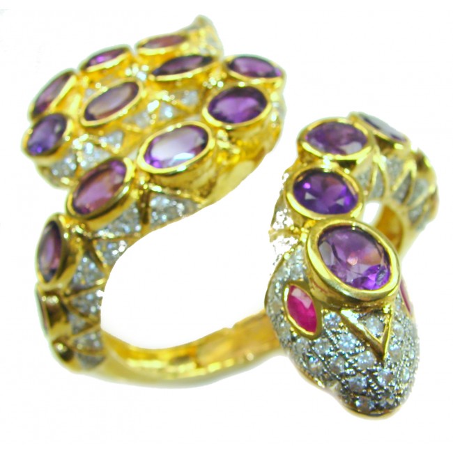 Symbol of health and healing -Huge Purple Snake Genuine 65.5 carat Amethyst 2.5 carat Diamond 18K Gold over .925 Sterling Silver handcrafted Bracelet