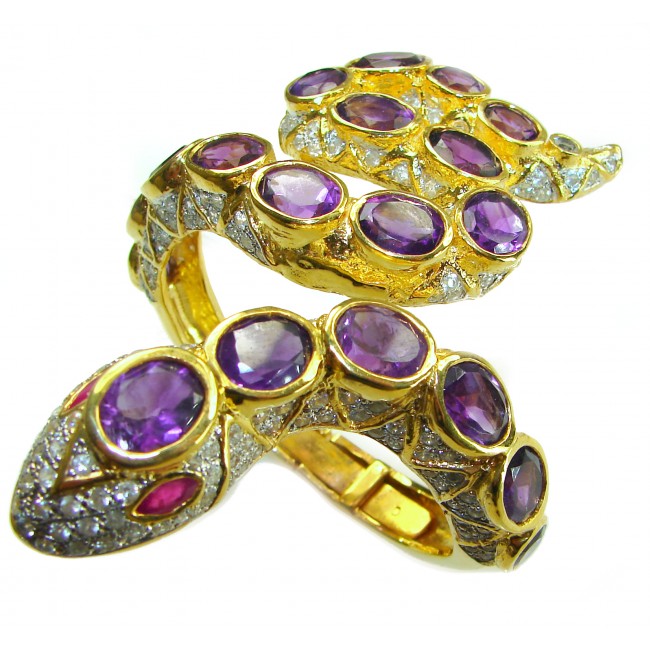 Symbol of health and healing -Huge Purple Snake Genuine 65.5 carat Amethyst 2.5 carat Diamond 18K Gold over .925 Sterling Silver handcrafted Bracelet