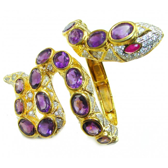 Symbol of health and healing -Huge Purple Snake Genuine 65.5 carat Amethyst 2.5 carat Diamond 18K Gold over .925 Sterling Silver handcrafted Bracelet