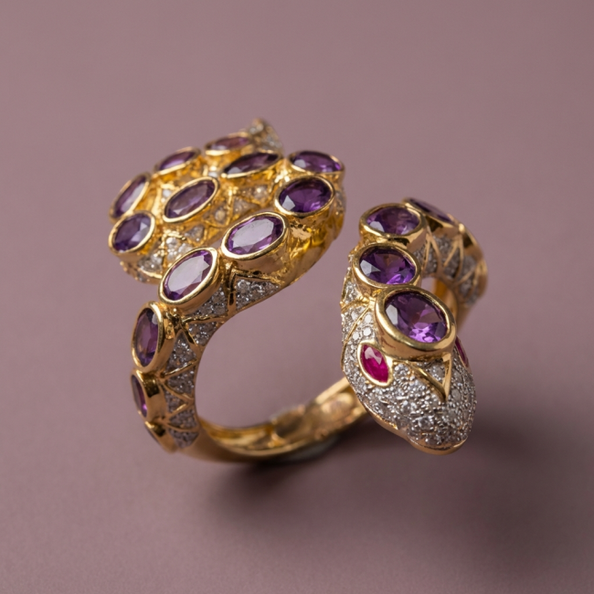 Symbol of health and healing -Huge Purple Snake Genuine 65.5 carat Amethyst 2.5 carat Diamond 18K Gold over .925 Sterling Silver handcrafted Bracelet