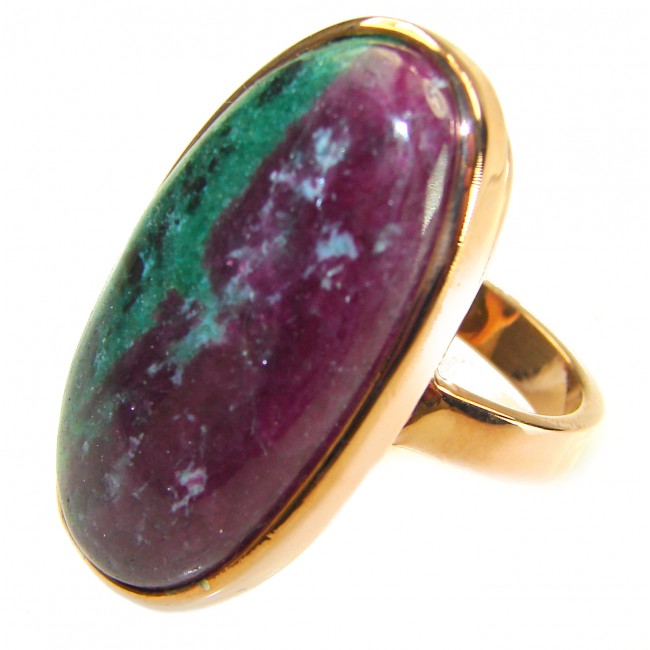 Authentic Ruby in Zoisite 18k Rose Gold over .925 Sterling Silver handmade Cocktail Ring s. 7 adjustable - Ruby in Zoisite ring in rose gold, stone close-up, side view