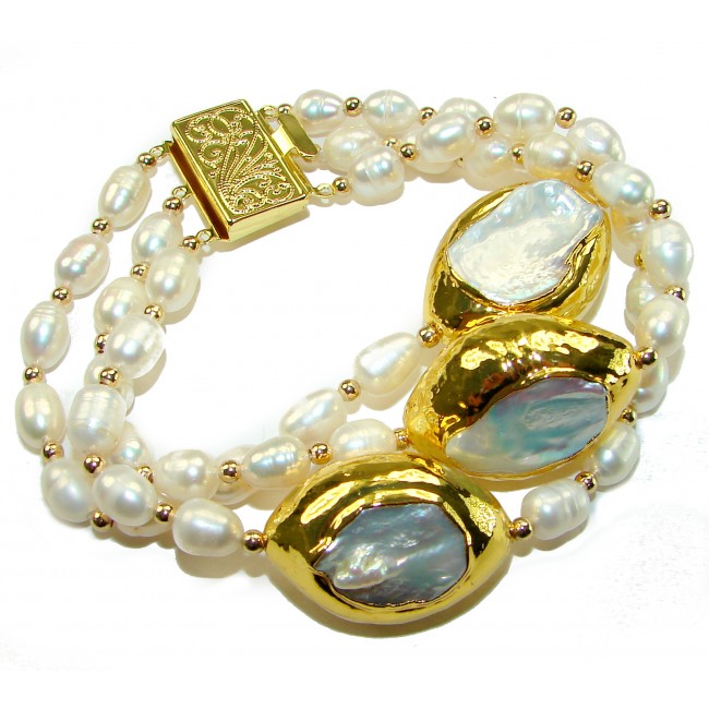 Heavy - Baroque Style Mother of Pearl 14K Gold over .925 Sterling Silver handcrafted Bracelet