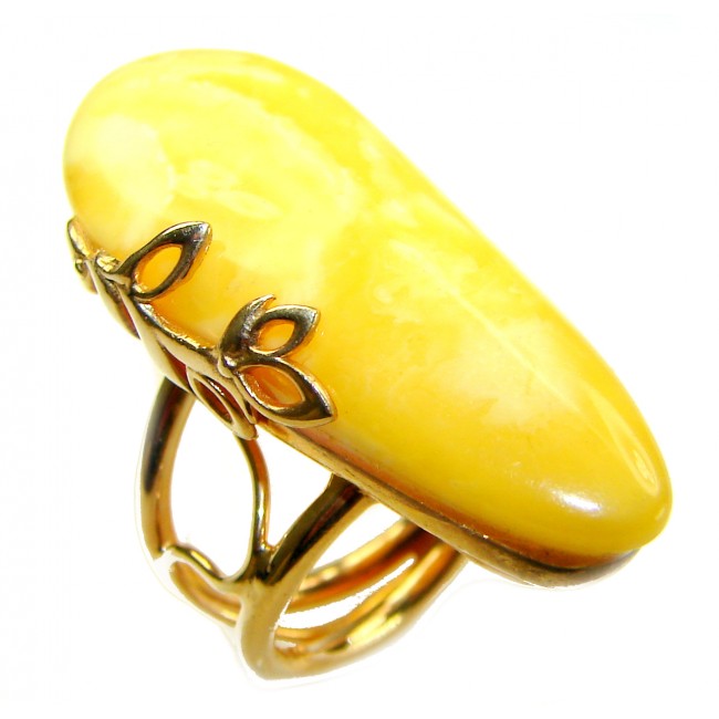 Authentic Golden Butterscotch Baltic Amber 18K Gold over .925 Sterling Silver entirely handcrafted ring; s. 7 adjustable - Close-up of butterscotch Baltic amber ring with gold setting.