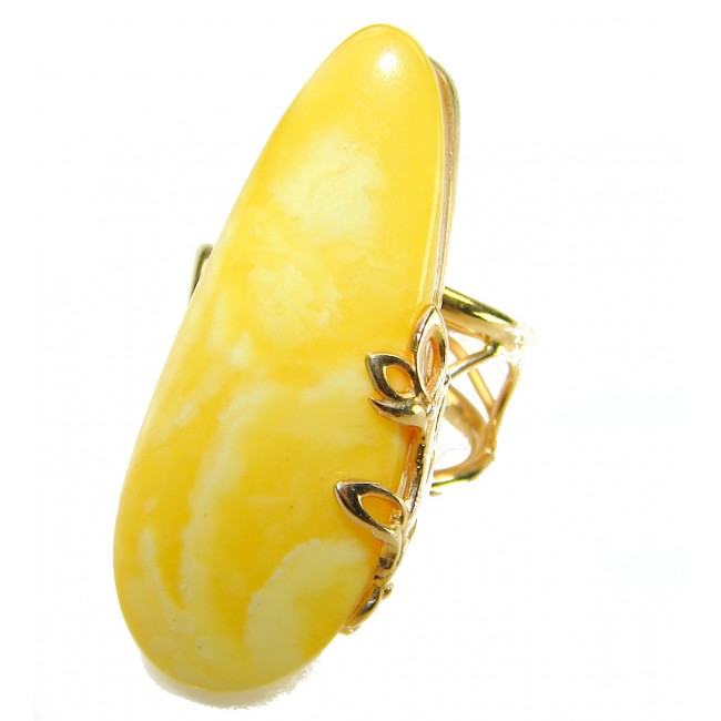 Authentic Golden Butterscotch Baltic Amber 18K Gold over .925 Sterling Silver entirely handcrafted ring; s. 7 adjustable - Golden Butterscotch Baltic Amber ring, stone close-up, 18K gold setting.