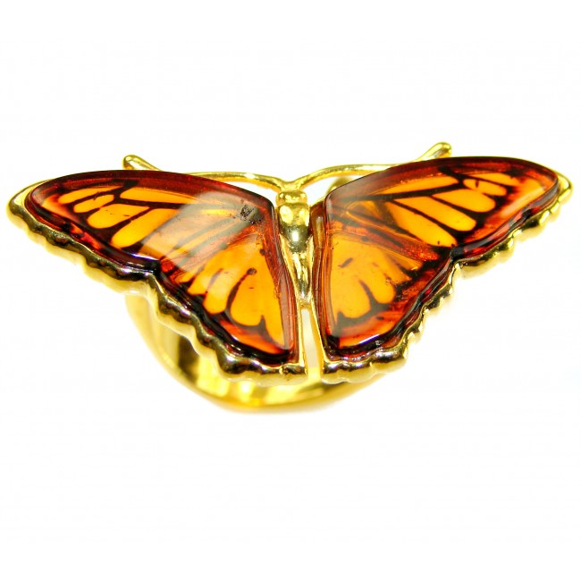 Butterfly Authentic carved Baltic Amber 18K Gold over .925 Sterling Silver handcrafted ring; s. 8 adjustable