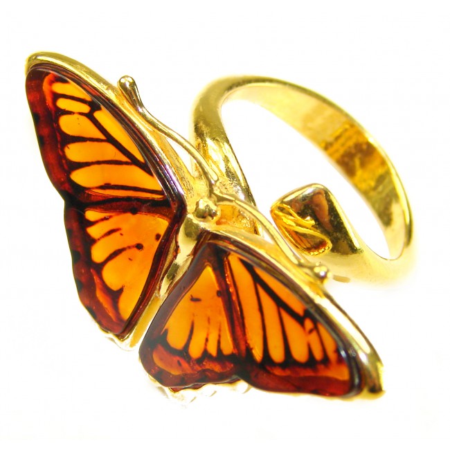 Butterfly Authentic carved Baltic Amber 18K Gold over .925 Sterling Silver handcrafted ring; s. 8 adjustable