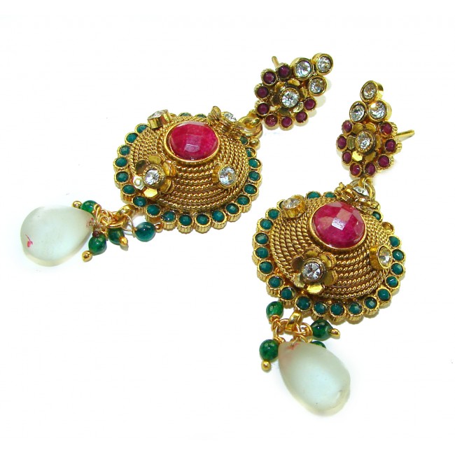 Taj Mahal Kashmir Ruby 14K Gold over .925 Sterling Silver handcrafted Statement Long earrings