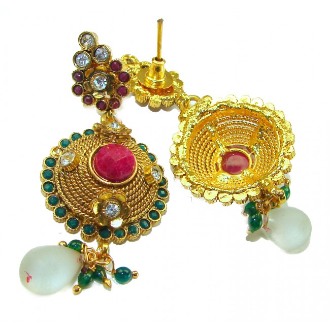 Taj Mahal Kashmir Ruby 14K Gold over .925 Sterling Silver handcrafted Statement Long earrings