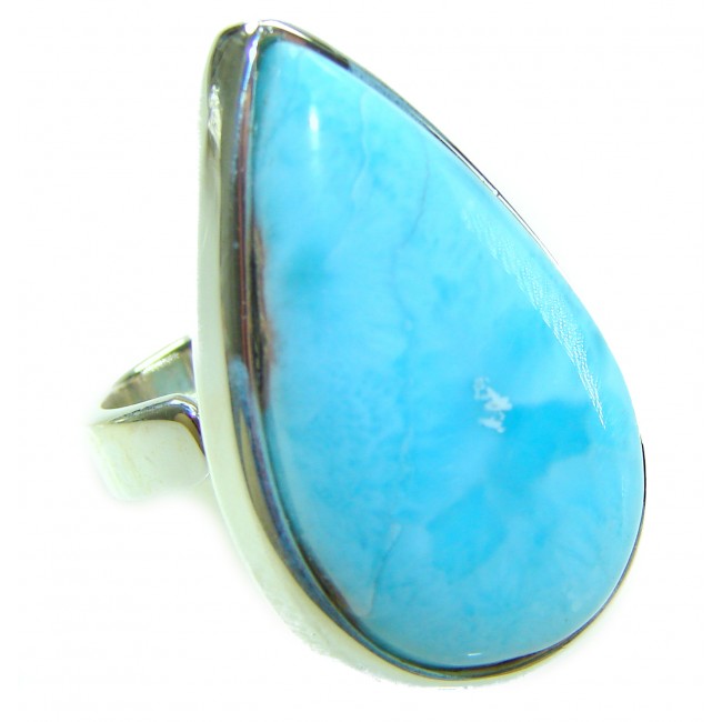 Blue Perfection AAAA QUALITY Blue Larimar .925 Sterling Silver handmade Large ring size 8 adjustable - Close-up of blue Larimar ring set in .925 sterling silver.