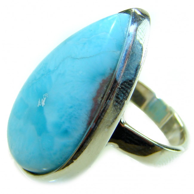 Blue Perfection AAAA QUALITY Blue Larimar .925 Sterling Silver handmade Large ring size 8 adjustable - Blue Larimar ring in Sterling Silver, side angle close-up.