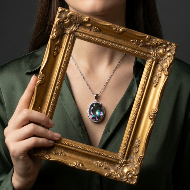 22.5 carat oval cut Mystic Topaz .925 Sterling Silver handcrafted Pendant