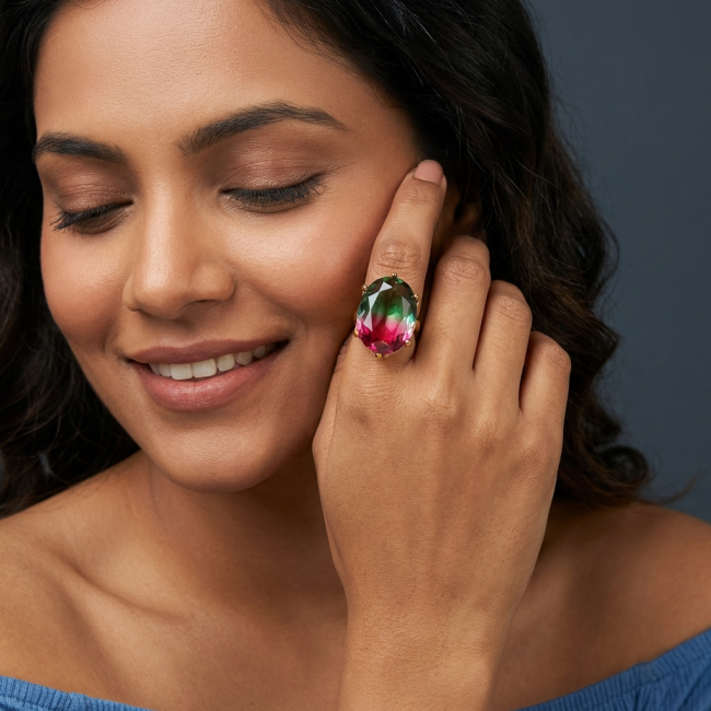 Rio De Janeiro 19.8 carat Brazilian Tourmaline .925 Sterling Silver Perfectly dipped in 18K Gold handcrafted Ring s. 9 1/4