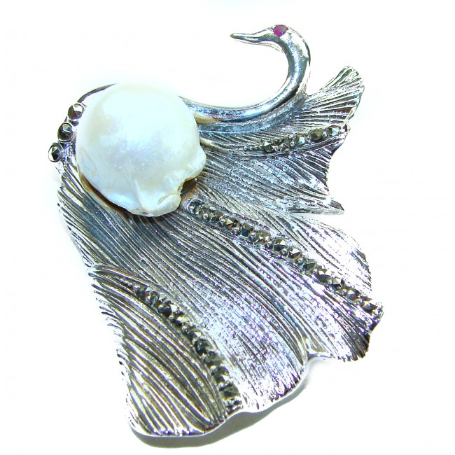 Perfect Swan Mother of Pearl Ruby .925 Sterling Silver handmade Pendant Brooch