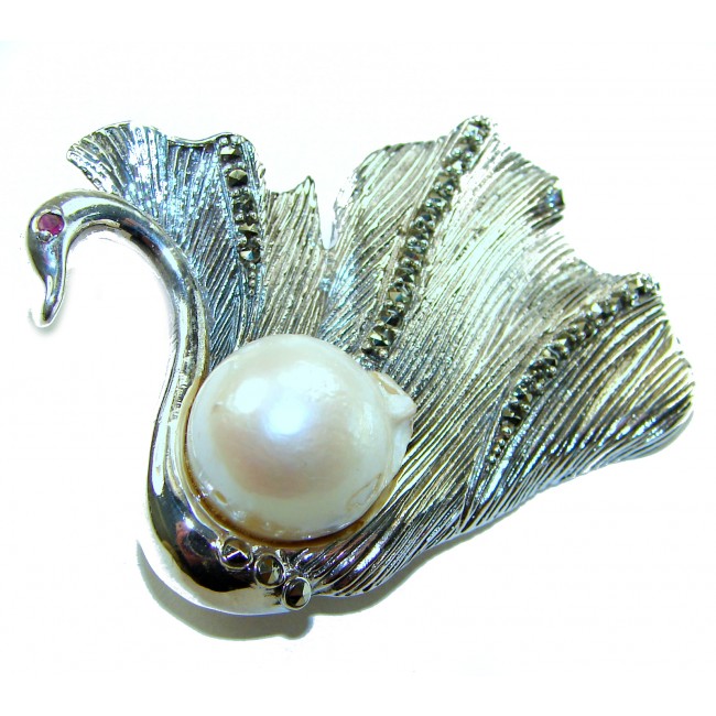 Perfect Swan Mother of Pearl Ruby .925 Sterling Silver handmade Pendant Brooch