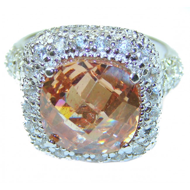 Authentic cushion cut 10.2 carat volcanic Morganite 14K White Gold over .925 Sterling Silver ring s. 7 3/4