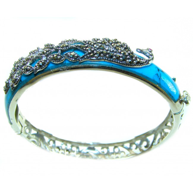 Precious Peacock natural inlay Turquoise Marcasite .925 Sterling Silver Luxury Bracelet