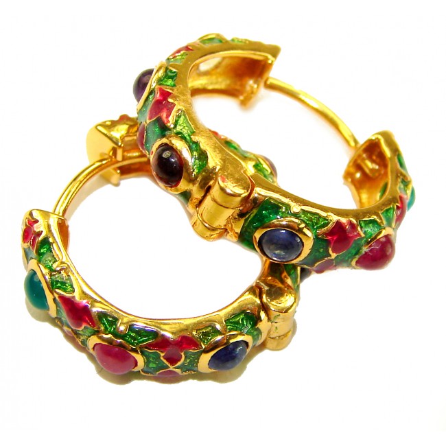 Clarity - Very Unique - Real 2.8 carat Ruby Enamel 22K Gold over .925 Sterling Silver handcrafted Hoop earrings