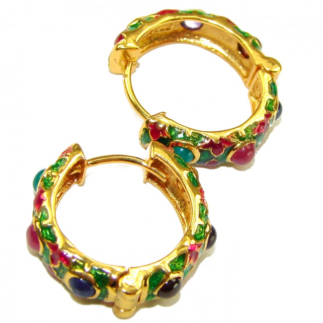 Clarity - Very Unique - Real 2.8 carat Ruby Enamel 22K Gold over .925 Sterling Silver handcrafted Hoop earrings