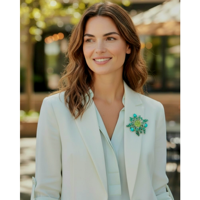 Gabriella 55.8 carat Colombian Emerald Prehnite Rhodium over .925 Sterling Silver handmade Pendant Brooch