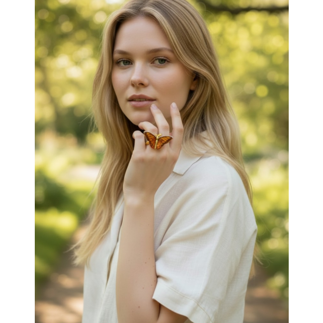 Butterfly Authentic carved Baltic Amber 18K Gold over .925 Sterling Silver handcrafted ring; s. 8 adjustable