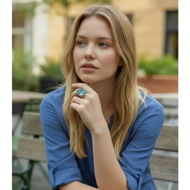 Massive Deep Blue 41.8 carat Aquamarine .925 Sterling Silver handcrafted Large ring size 8