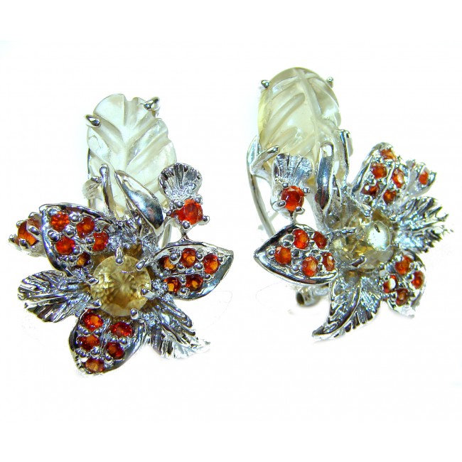 Vivien Luxurious Style Natural carved Citrine Granet .925 Sterling Silver handmade earrings