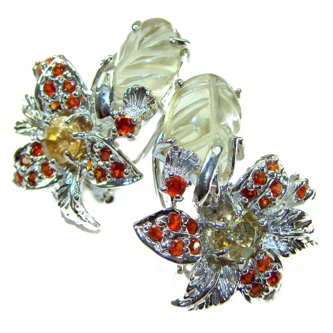 Vivien Luxurious Style Natural carved Citrine Granet .925 Sterling Silver handmade earrings