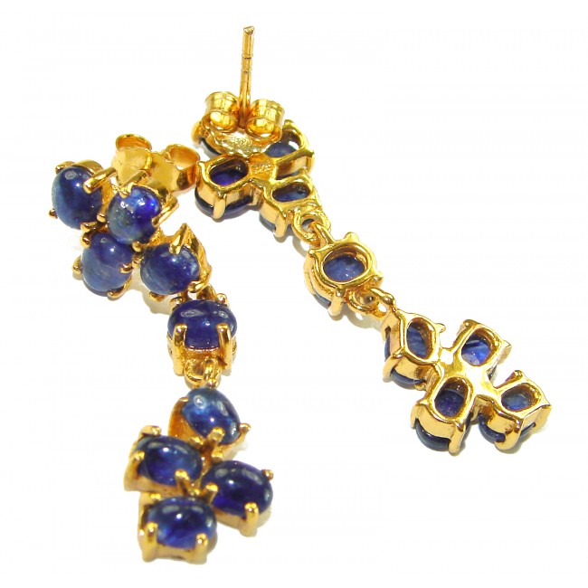 Giovanna - Authentic 11.9 carat Sapphire 18K Gold over .925 Sterling Silver handcrafted earrings - Close-up of gold and sapphire earrings with stone detailing.