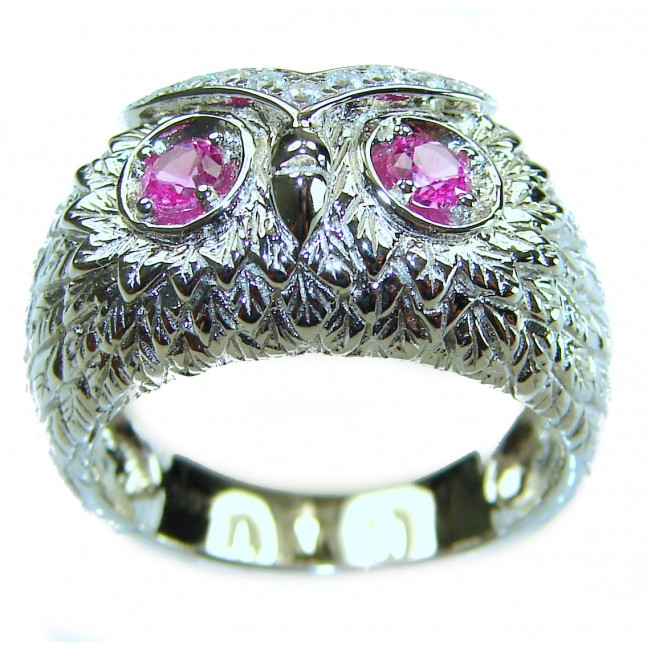Owl 2.1 carat Pink Tourmaline Eyes .925 Sterling Silver dipped in real Gold handmade Ring size 8