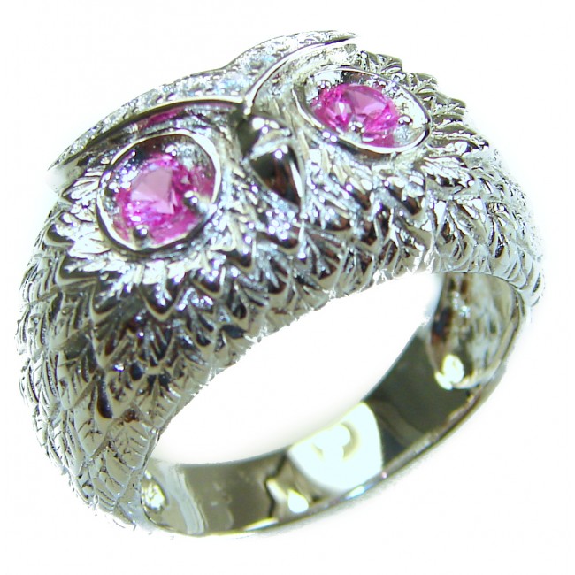 Owl 2.1 carat Pink Tourmaline Eyes .925 Sterling Silver dipped in real Gold handmade Ring size 8