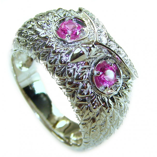 Owl 2.1 carat Pink Tourmaline Eyes .925 Sterling Silver dipped in real Gold handmade Ring size 8
