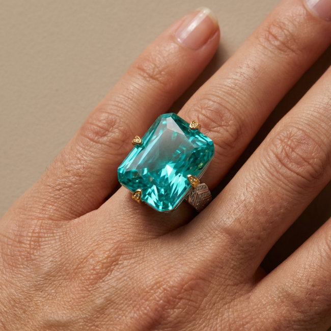 Wonderland 25.5 carat Brazilian Paraiba Tourmaline 2 tones .925 Sterling Silver Handcrafted Ring size 7 1/2