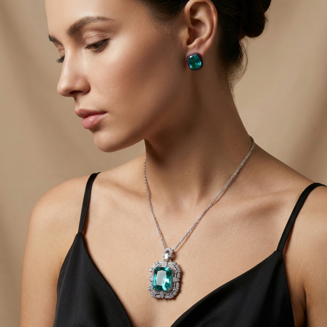 Rio Grande do Norte - Brazilian's Briliance - baquette cut 28.5 carat Paraiba Tourmaline .925 Sterling Silver handcrafted necklace