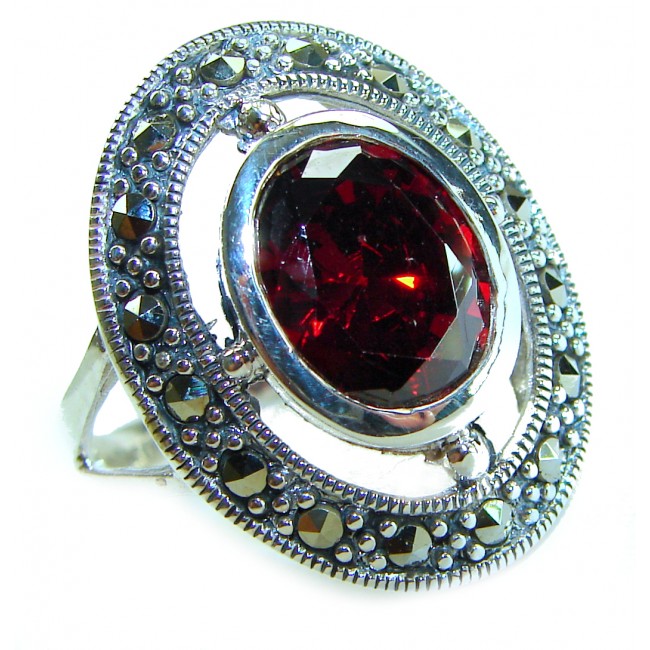 Carmen Natural 10.4 carat Ruby Marcasite .925 Sterling Silver handmade Large Statement Ring size 8 - Ruby and marcasite ring close-up, showcasing intricate design.