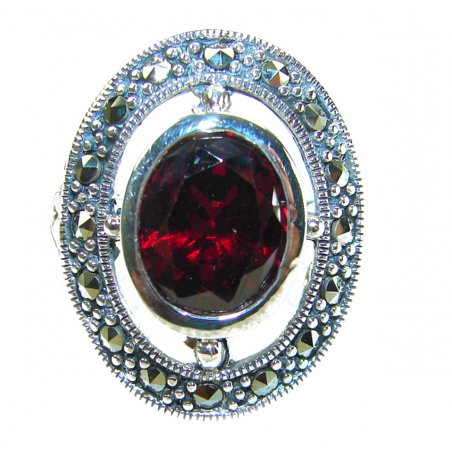 Carmen Natural 10.4 carat Ruby Marcasite .925 Sterling Silver handmade Large Statement Ring size 8 - Close-up of Carmen 10.4 carat ruby ring with marcasite in sterling silver