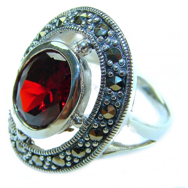 Carmen Natural 10.4 carat Ruby Marcasite .925 Sterling Silver handmade Large Statement Ring size 8 - Close-up of ruby and marcasite sterling silver ring