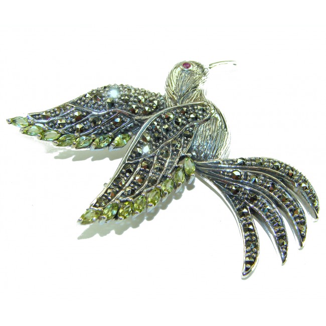 Incredible Flaying Bird Natural 5.9 carat Peridot Marcasite .925 Sterling Silver Brooch