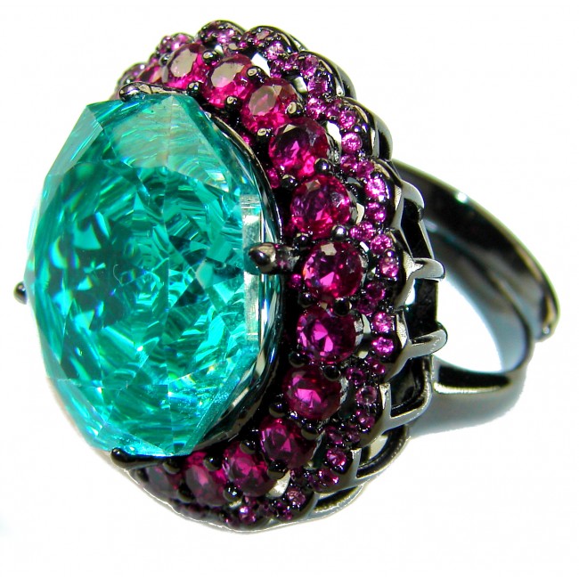 Blue Rose - Vintage style- 20.5 carat authentic carved Apetite .925 Sterling Silver dipped in black rhodium handcrafted Ring size 7