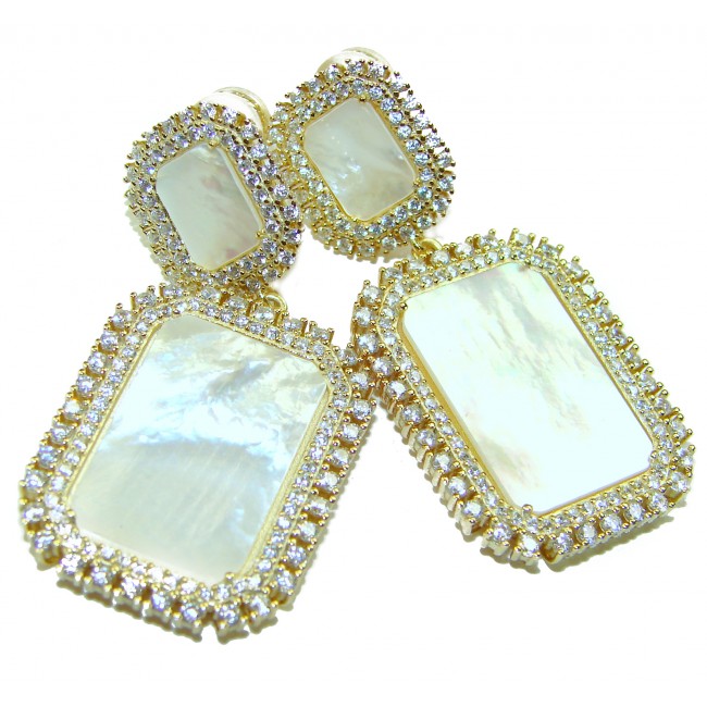 Genuine Blister Pearl lab grown Diamond 18K Gold over .925 Sterling Silver handcrafted Large Statement Earrings - photo 4