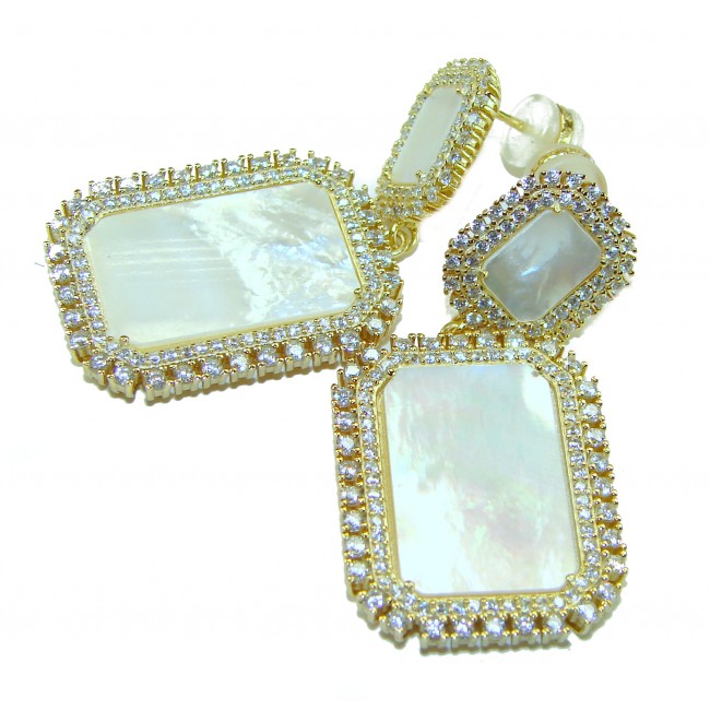 Genuine Blister Pearl lab grown Diamond 18K Gold over .925 Sterling Silver handcrafted Large Statement Earrings - photo 3