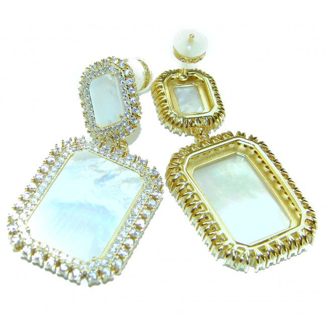 Genuine Blister Pearl lab grown Diamond 18K Gold over .925 Sterling Silver handcrafted Large Statement Earrings - photo 2